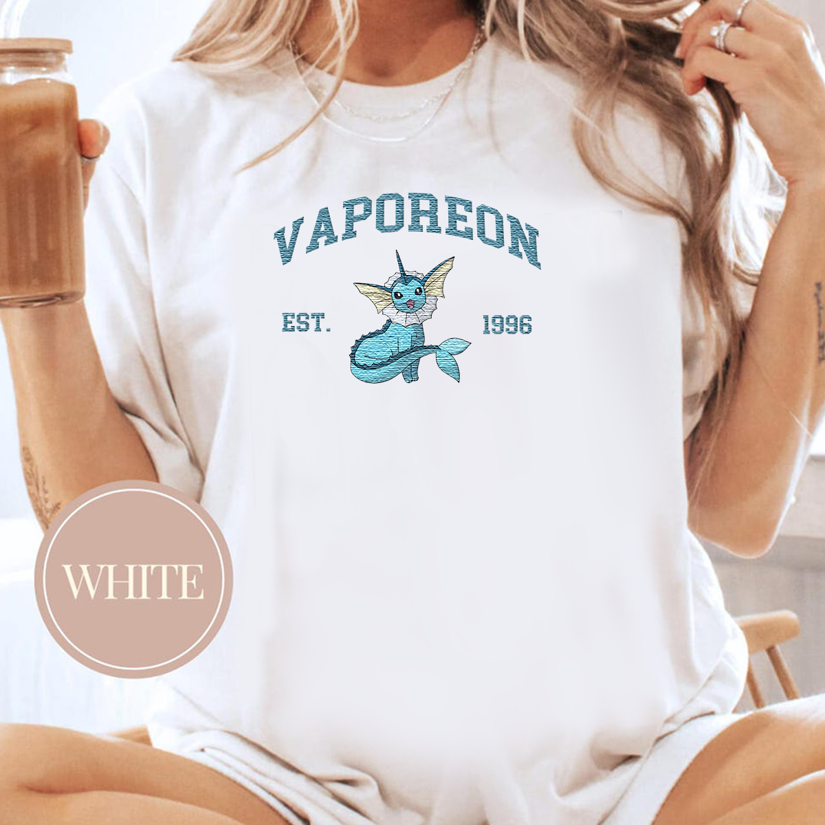 Vaporeon Adorable Anime-Themed Embroidered T-Shirt,Crewneck,Hoodie-Trendy Versatile and a Thoughtful Gift for Friends,H-C-1163