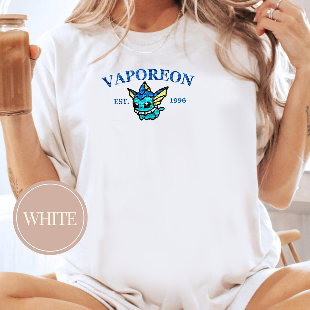 Vaporeon-Q. Adorable Anime-Themed Embroidered T-Shirt,Crewneck,Hoodie-Trendy Versatile and a Thoughtful Gift for Friends,H-C-909