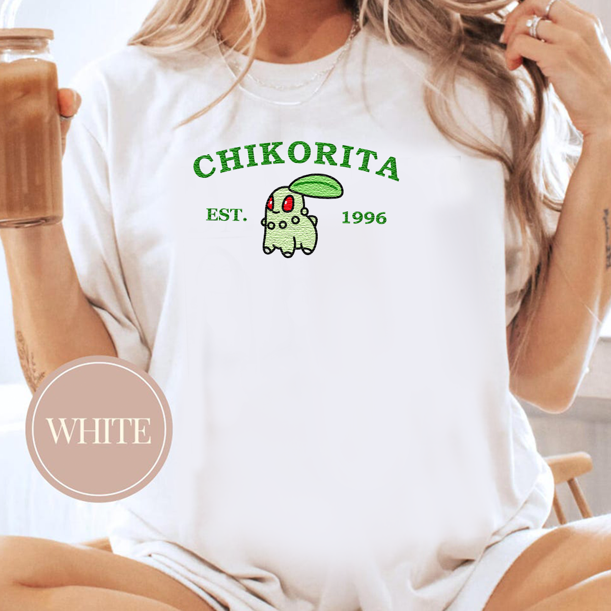 Chikorita-Q. Adorable Anime-Themed Embroidered T-Shirt,Crewneck,Hoodie-Trendy Versatile and a Thoughtful Gift for Friends,H-C-953