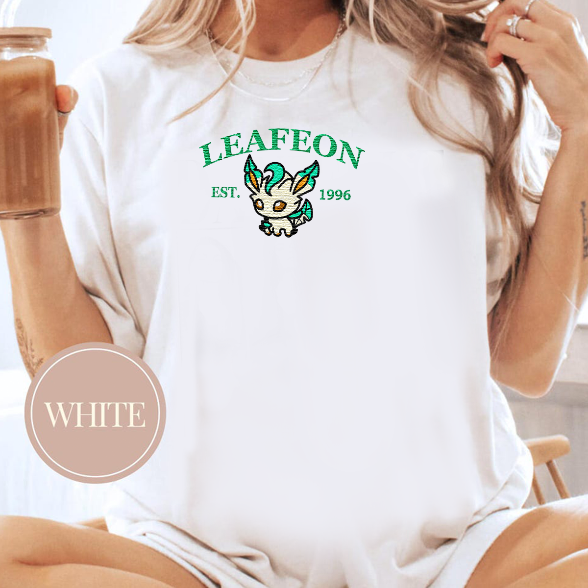 Leafeon-Q. Adorable Anime-Themed Embroidered T-Shirt,Crewneck,Hoodie-Trendy Versatile and a Thoughtful Gift for Friends,H-C-915