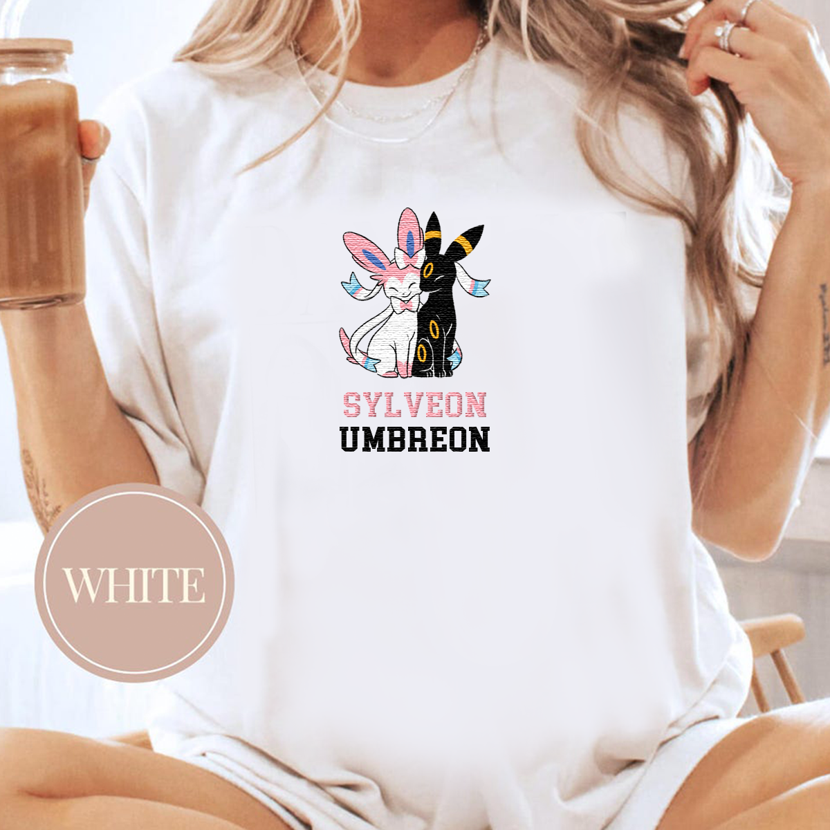 Sylveon Umbreon Adorable Anime-Themed Embroidered T-Shirt,Crewneck,Hoodie-Trendy Versatile and a Thoughtful Gift for Friends,H-C-1758