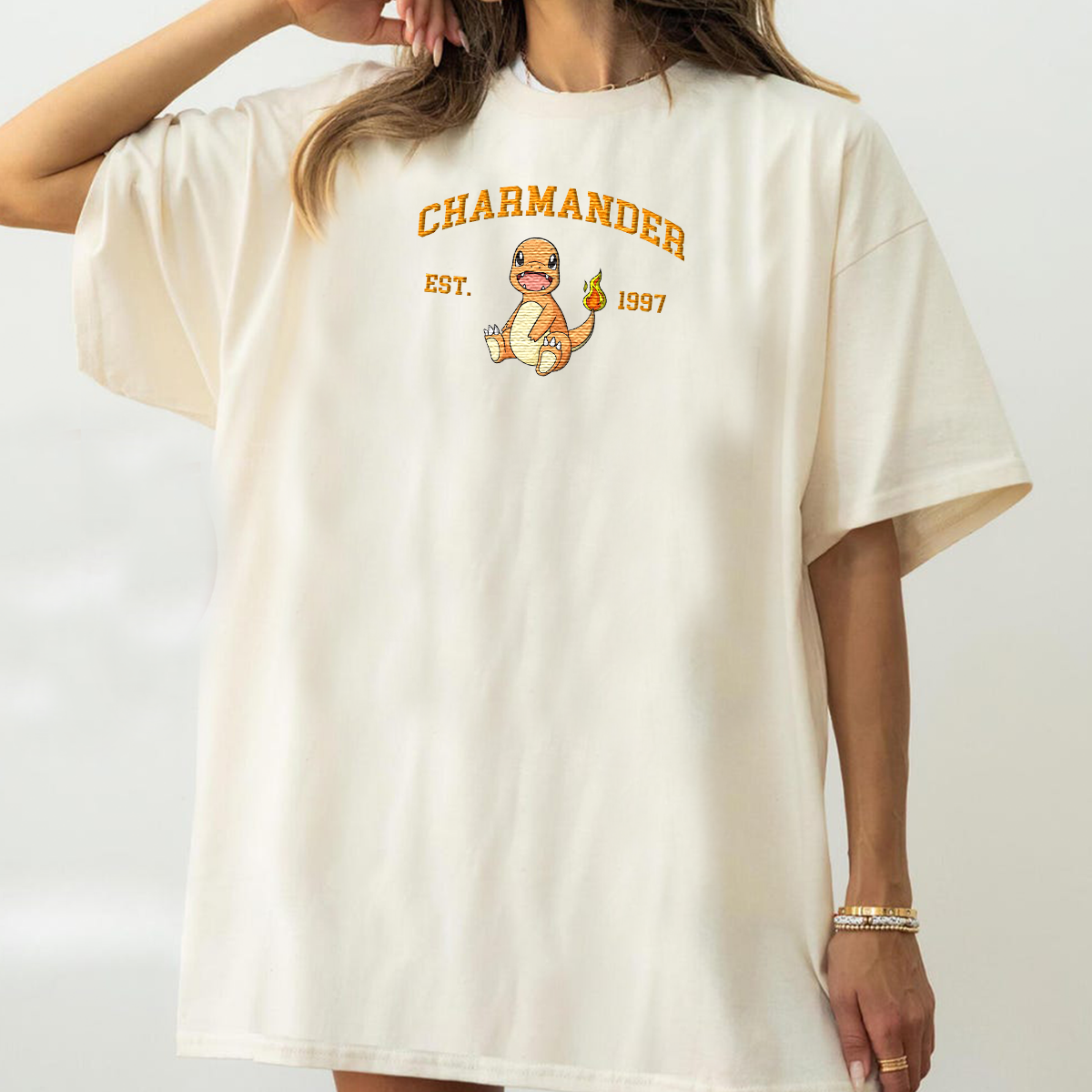 Charmander Adorable Anime-Themed Embroidered T-Shirt,Crewneck,Hoodie-Trendy Versatile and a Thoughtful Gift for Friends,H-C-715