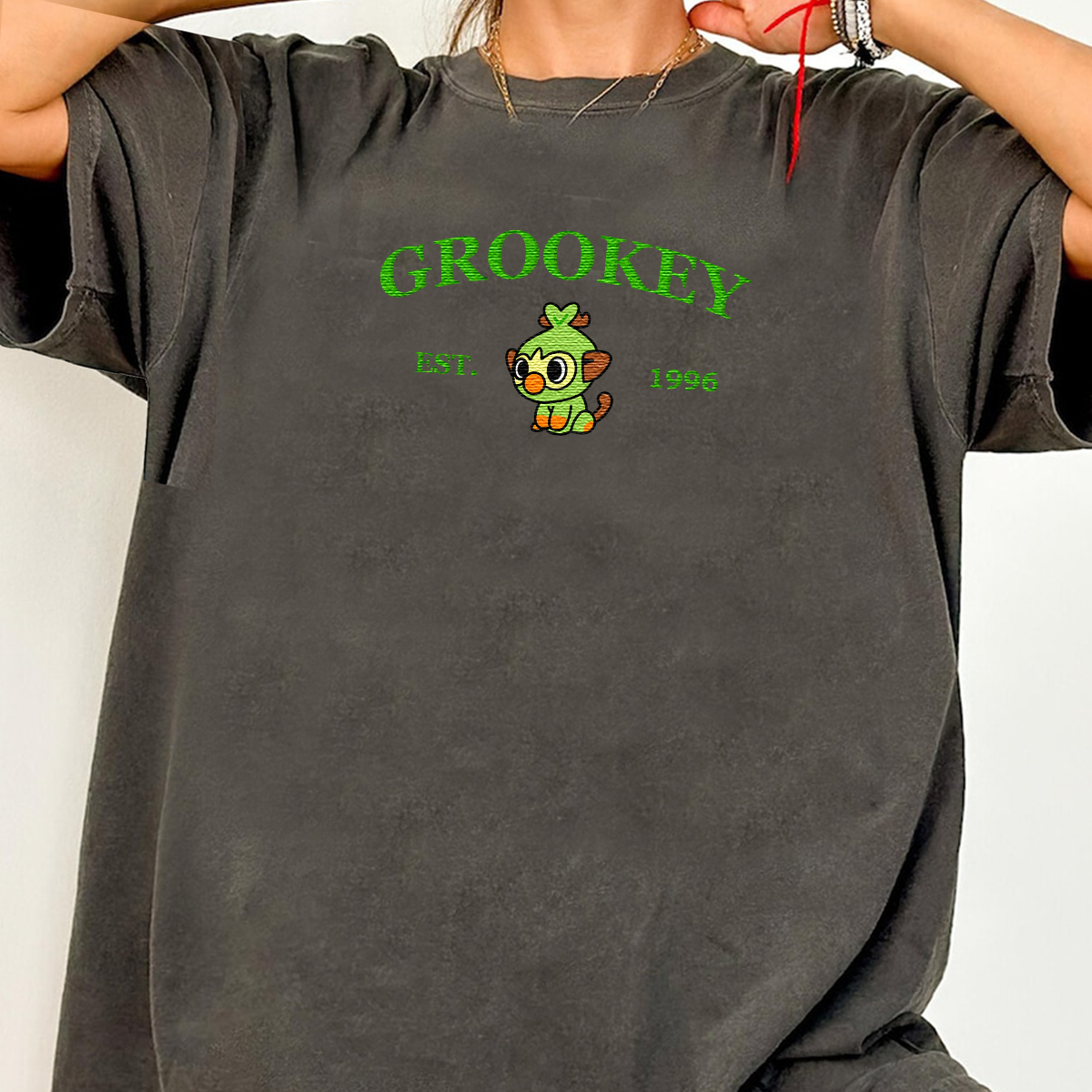 Grookey-Q. Adorable Anime-Themed Embroidered T-Shirt,Crewneck,Hoodie-Trendy Versatile and a Thoughtful Gift for Friends,H-C-973