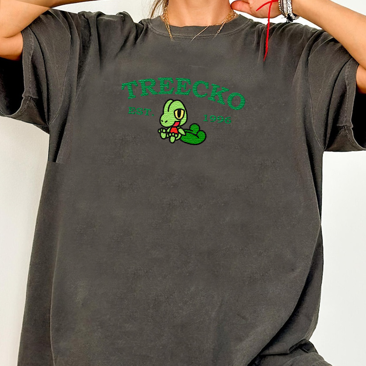Treecko-Q. Adorable Anime-Themed Embroidered T-Shirt,Crewneck,Hoodie-Trendy Versatile and a Thoughtful Gift for Friends,H-C-945