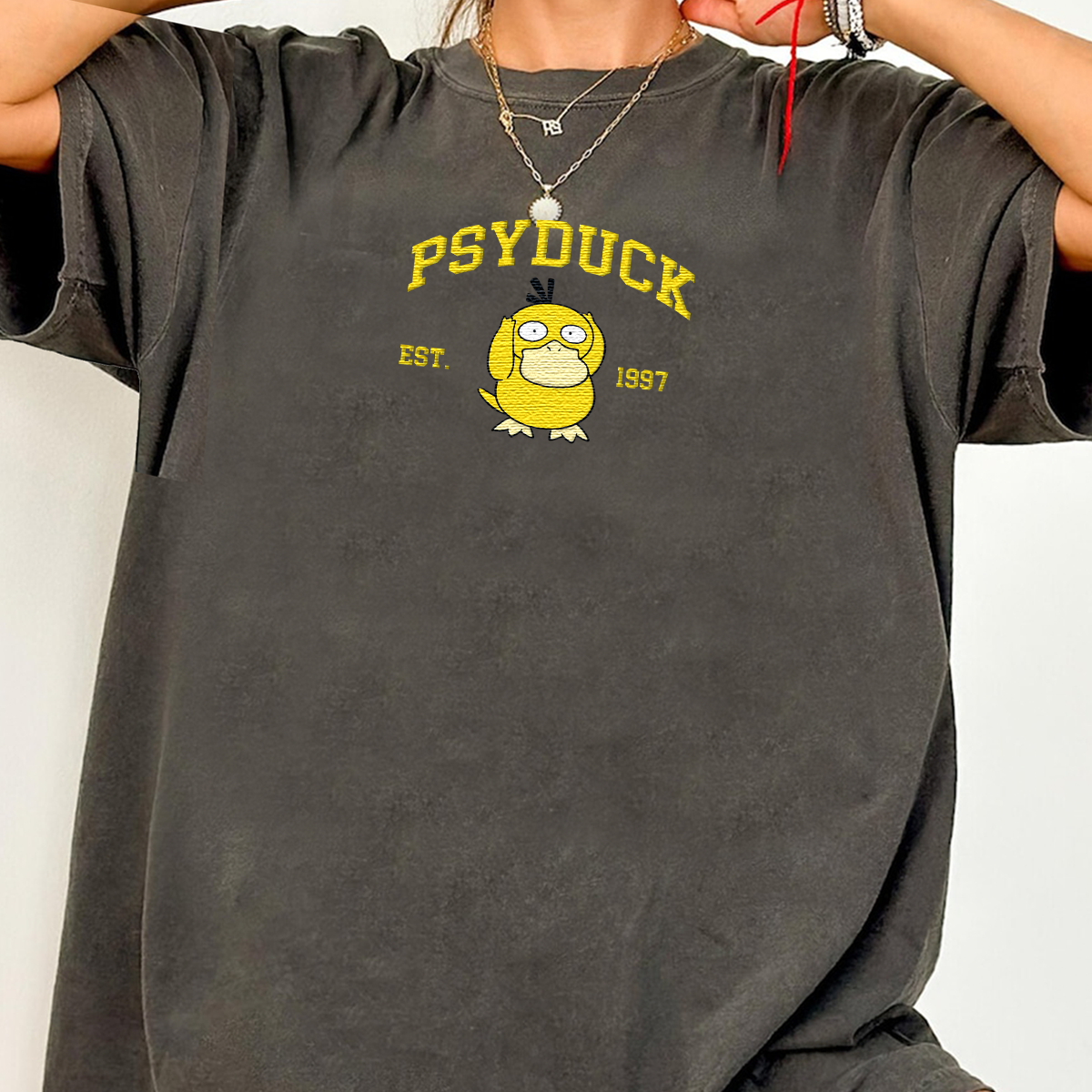 Psyduck Adorable Anime-Themed Embroidered T-Shirt,Crewneck,Hoodie-Trendy Versatile and a Thoughtful Gift for Friends,H-C-724
