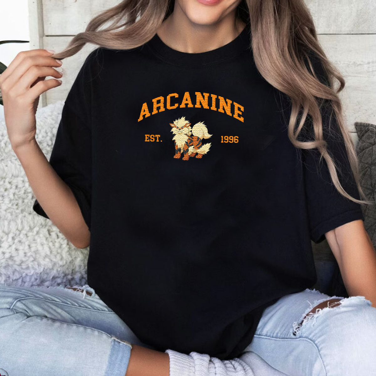 Arcanine Adorable Anime-Themed Embroidered T-Shirt,Crewneck,Hoodie-Trendy Versatile and a Thoughtful Gift for Friends,H-C-711