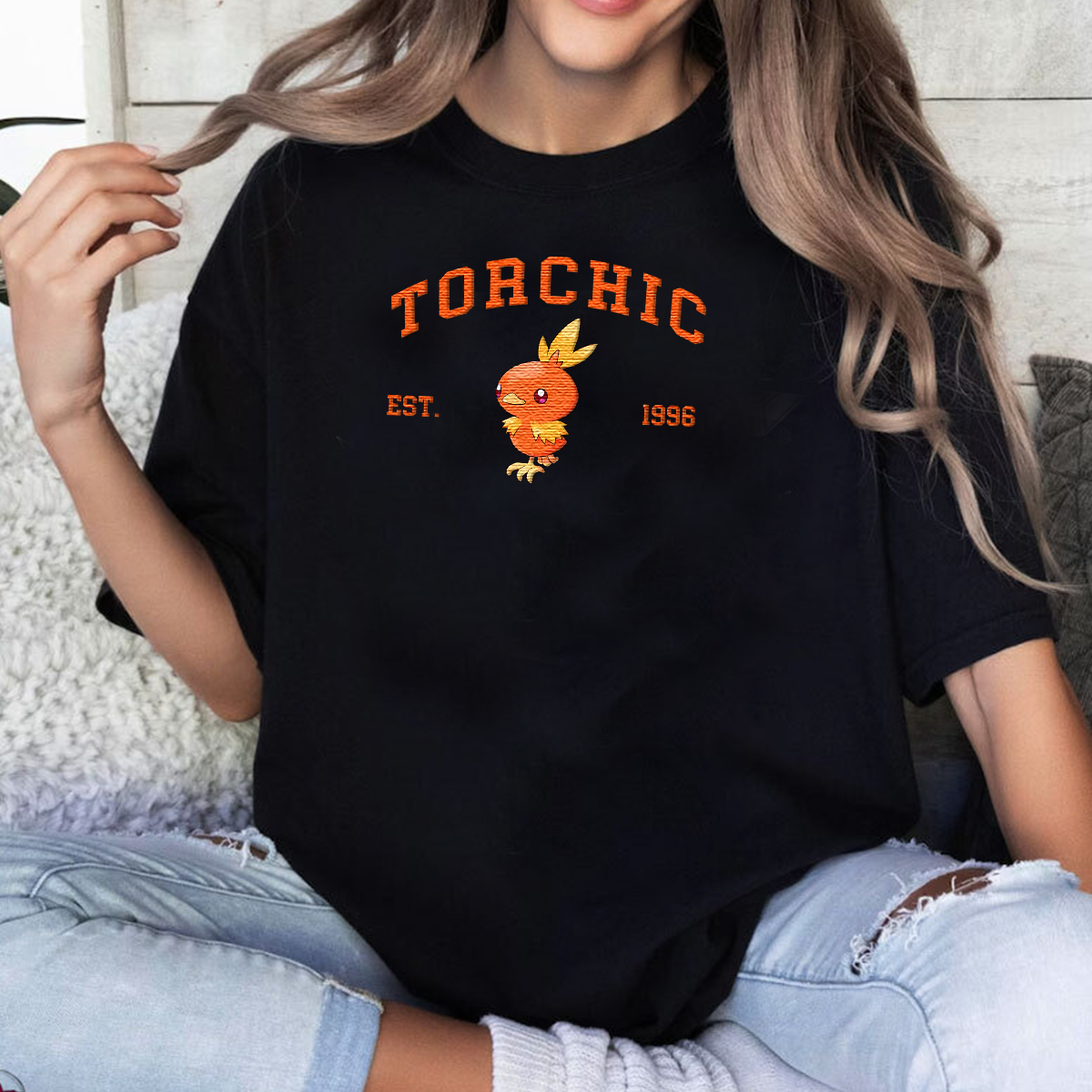 Torchic Adorable Anime-Themed Embroidered T-Shirt,Crewneck,Hoodie-Trendy Versatile and a Thoughtful Gift for Friends,H-C-897