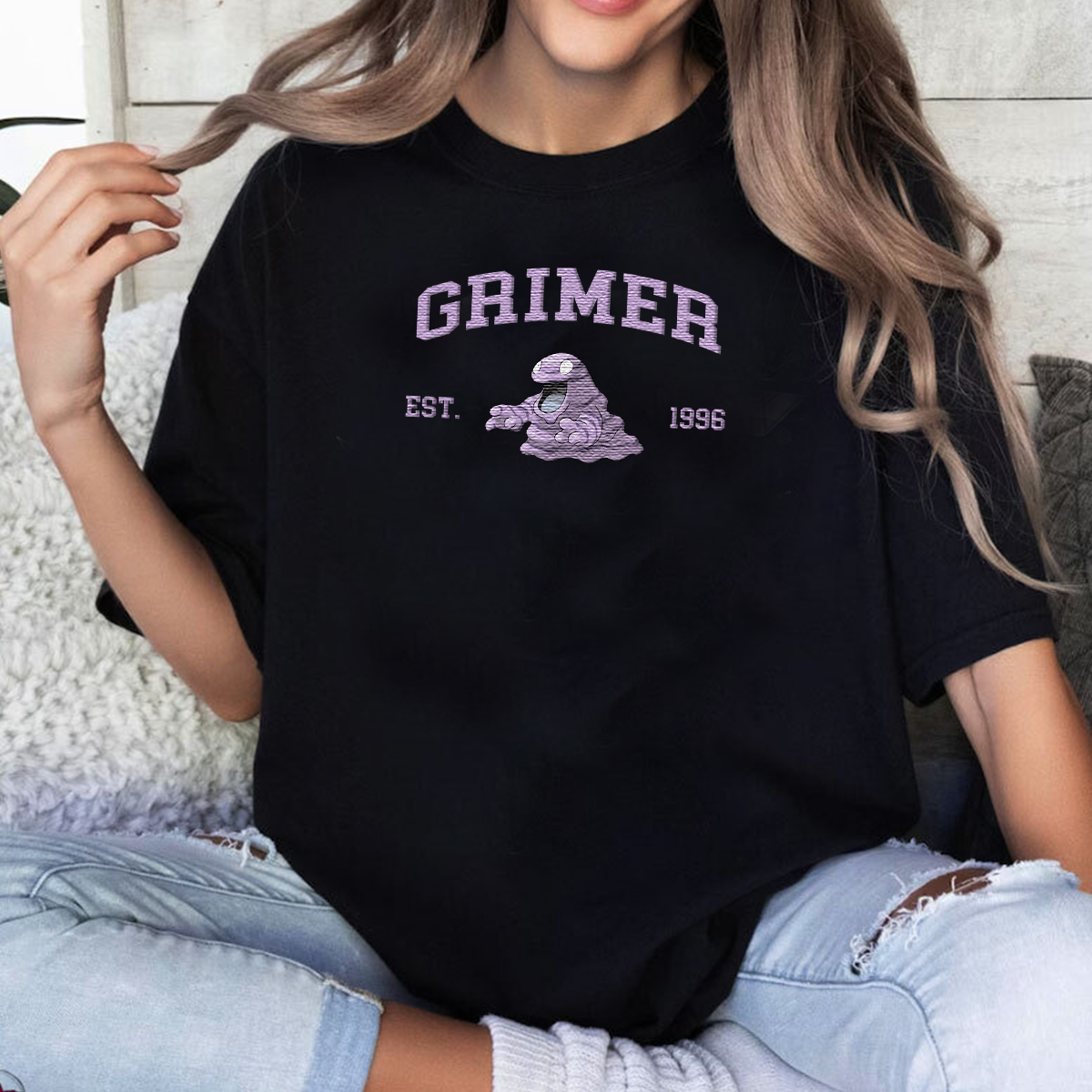 Grimer Adorable Anime-Themed Embroidered T-Shirt,Crewneck,Hoodie-Trendy Versatile and a Thoughtful Gift for Friends,H-C-1454