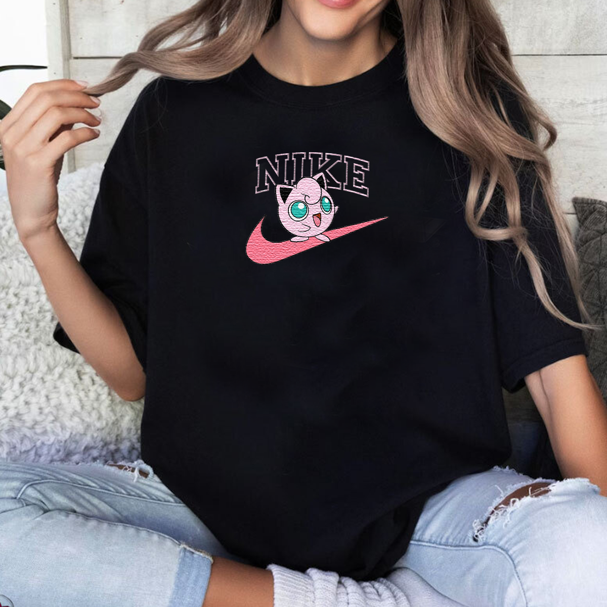 Jigglypuff Embroidered Sweatshirt, Anime Embroidered Sweatshirt, Noke Inspired Embroidered Shirt H-N-034（ Jigglypuff）