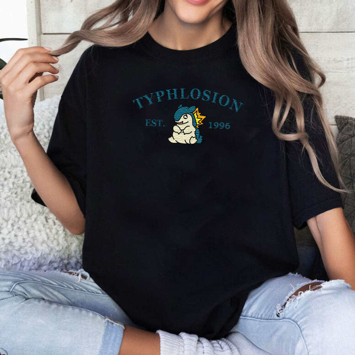 Typhlosion-Q. Adorable Anime-Themed Embroidered T-Shirt,Crewneck,Hoodie-Trendy Versatile and a Thoughtful Gift for Friends,H-C-987