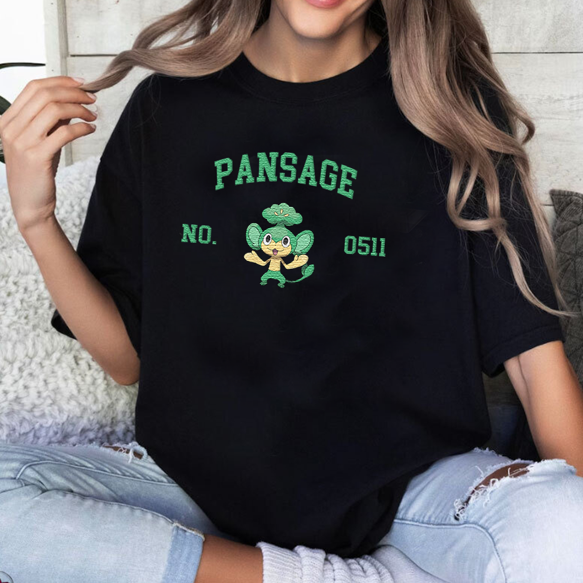 Pansage Adorable Anime-Themed Embroidered T-Shirt,Crewneck,Hoodie-Trendy Versatile and a Thoughtful Gift for Friends,H-C-1645