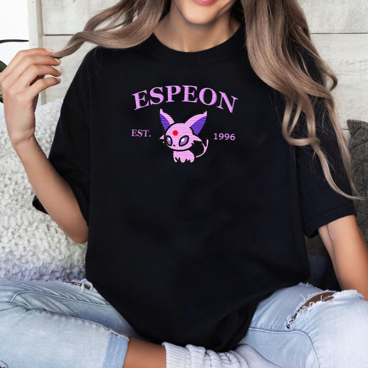 Espeon-Q. Adorable Anime-Themed Embroidered T-Shirt,Crewneck,Hoodie-Trendy Versatile and a Thoughtful Gift for Friends,H-C-921