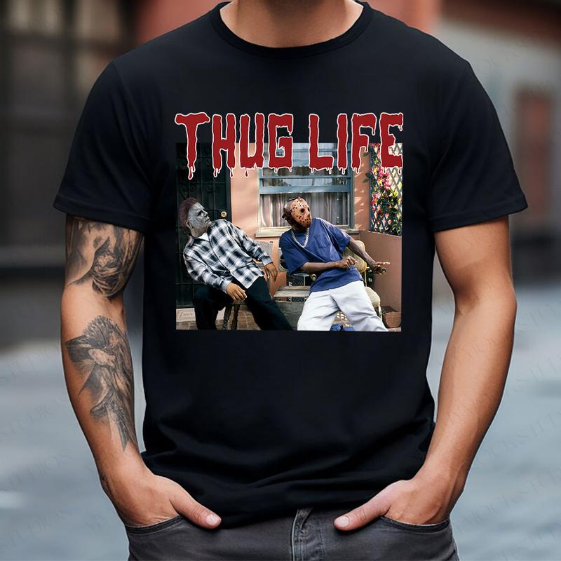 T-shirt ras du cou avec personnages d'horreur d'Halloween THUG LIFE, mème du vendredi, TS-C-085