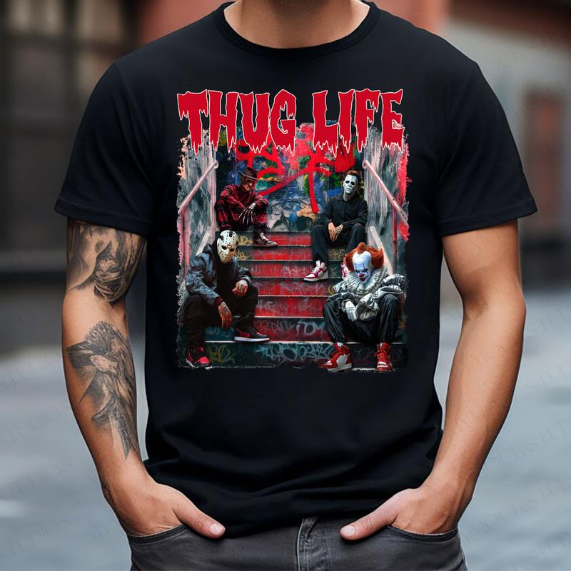 T-shirt à capuche, col ras du cou, personnages d'horreur d'Halloween THUG LIFE, TS-C-093