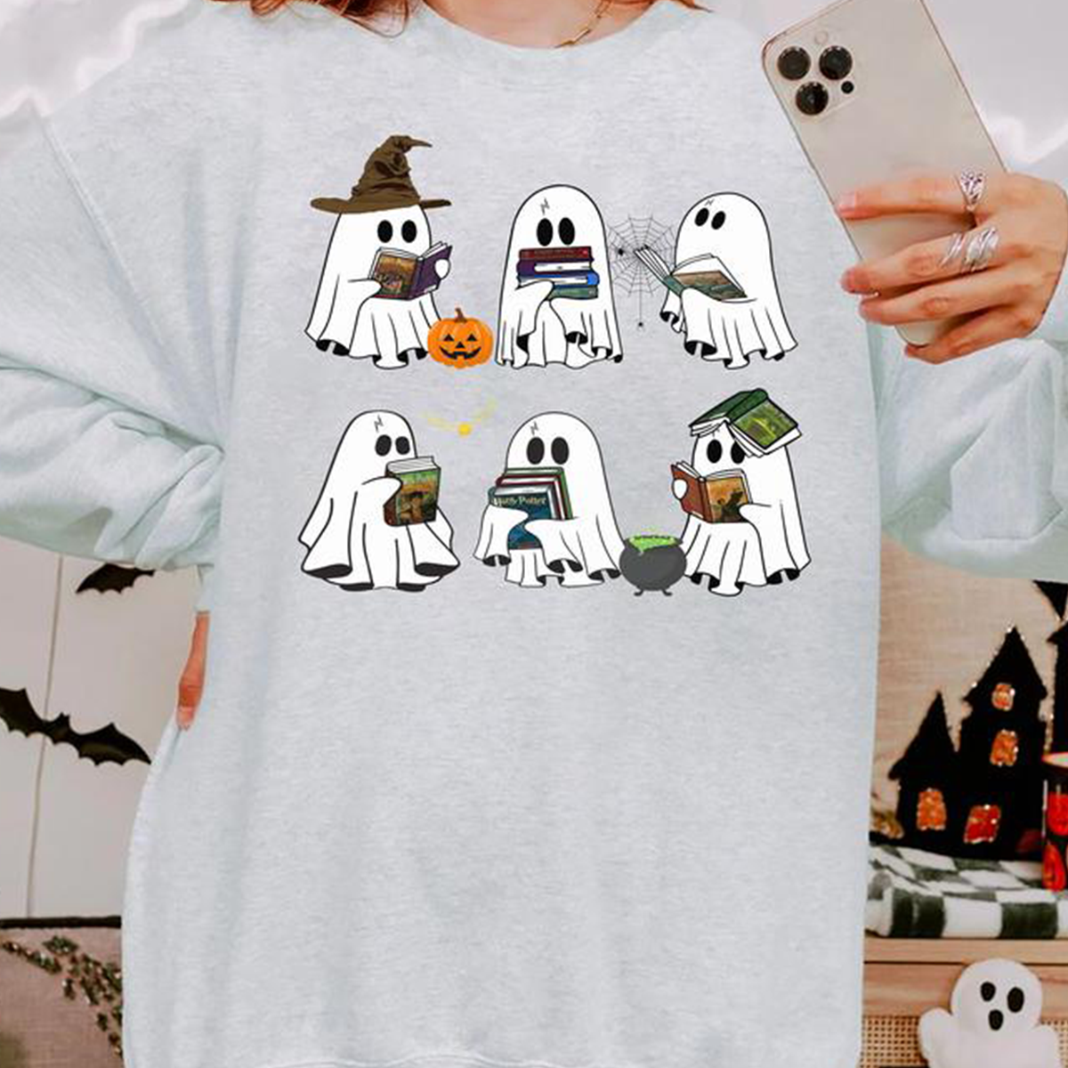 Ghost Book Wizard Halloween T-shirt,Crewneck,Hoodie,Gift For Book Lovers,TS-C-480