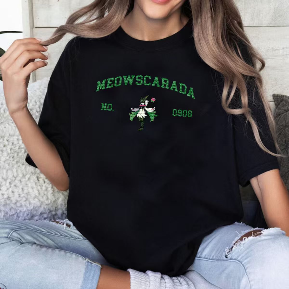 Meowscarada Adorable Anime-Themed Embroidered T-Shirt,Crewneck,Hoodie-Trendy Versatile and a Thoughtful Gift for Friends,H-C-1291