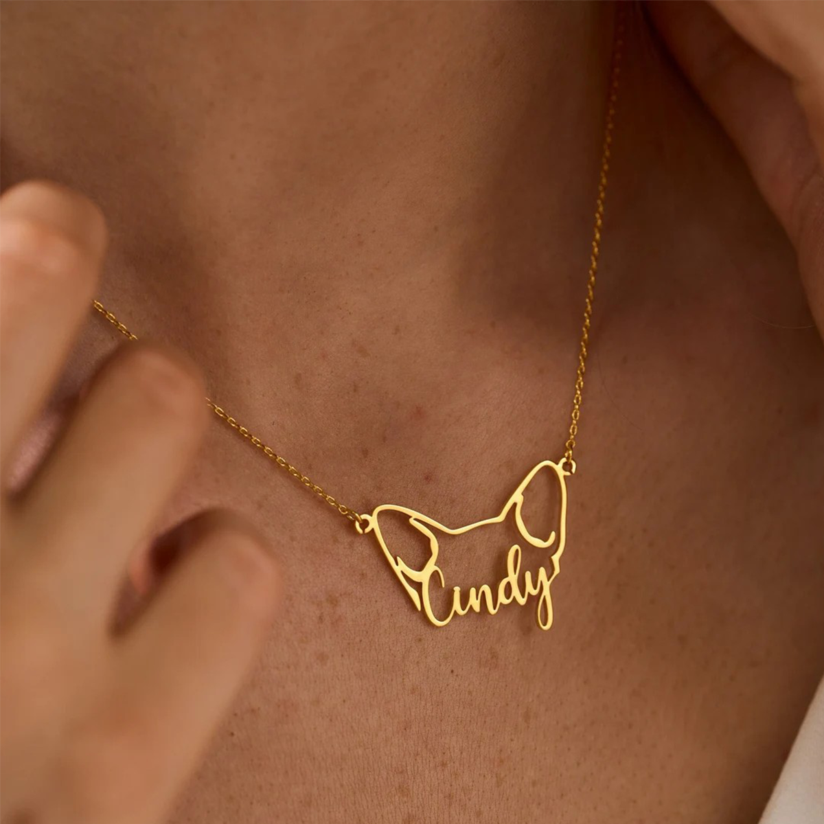 Custom Gold Name Necklace With Pet Ear,Dog Anniversary Gift,J-A-275