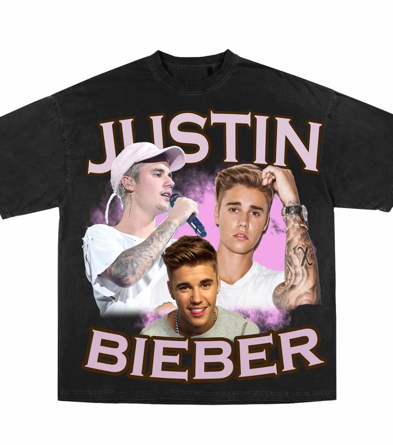 T-shirt R&amp;B, Pop, Rap, Rétro, Vintage des années 90, Bootleg de JUSTIN BIEBER, HP-063