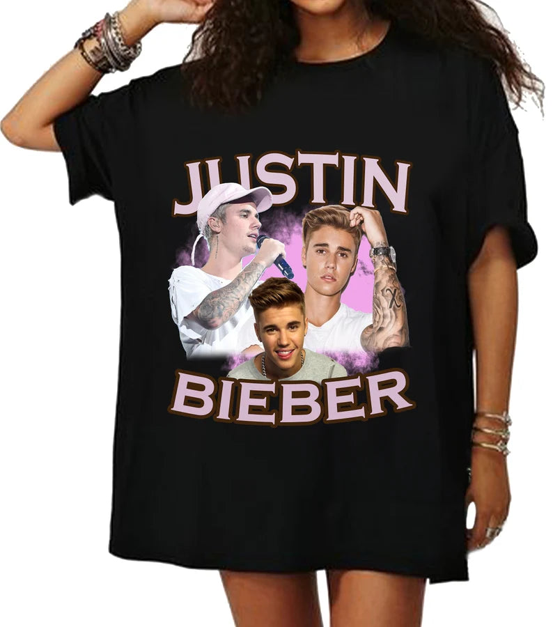 T-shirt R&amp;B, Pop, Rap, Rétro, Vintage des années 90, Bootleg de JUSTIN BIEBER, HP-063