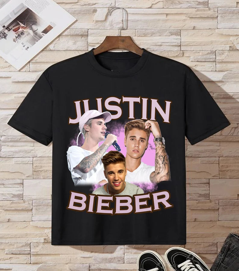 T-shirt R&amp;B, Pop, Rap, Rétro, Vintage des années 90, Bootleg de JUSTIN BIEBER, HP-063