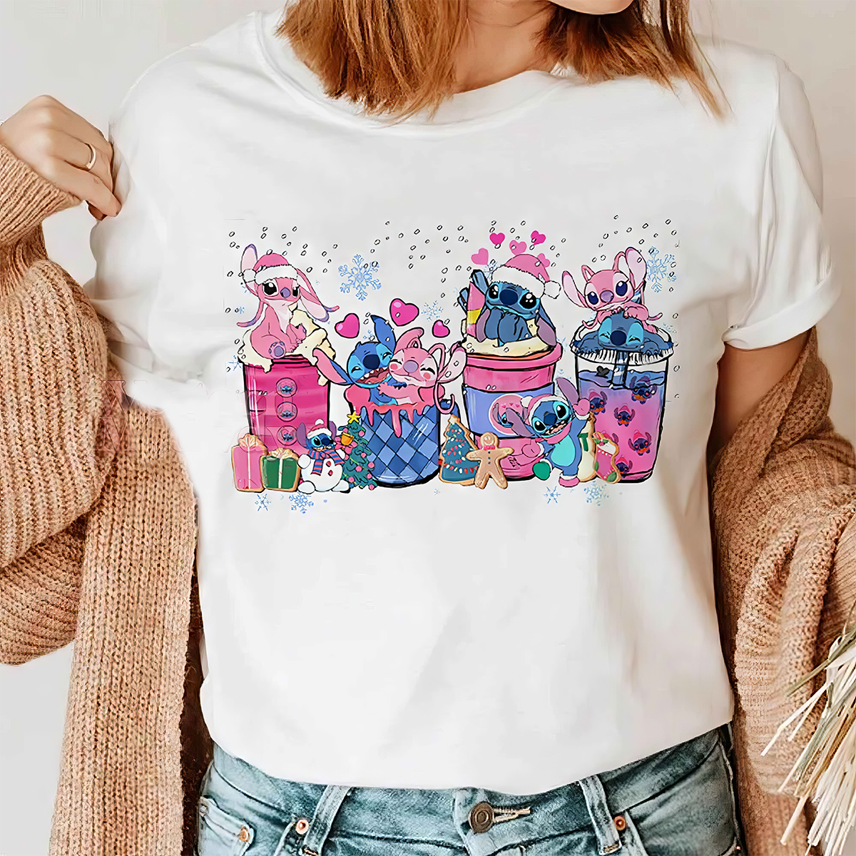 Stitch Coffee Cups Christmas Pink T-Shirt,Crewneck,Hoodie,TS-C-408